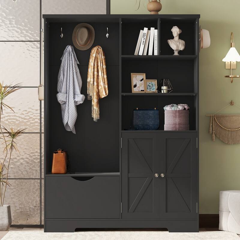 Multi-functional Hall Tree with Storage Shelves Drawers and Cabinet, Hallway Shoe Cabinet with Bench, Coat Rack with Hooks - Black
