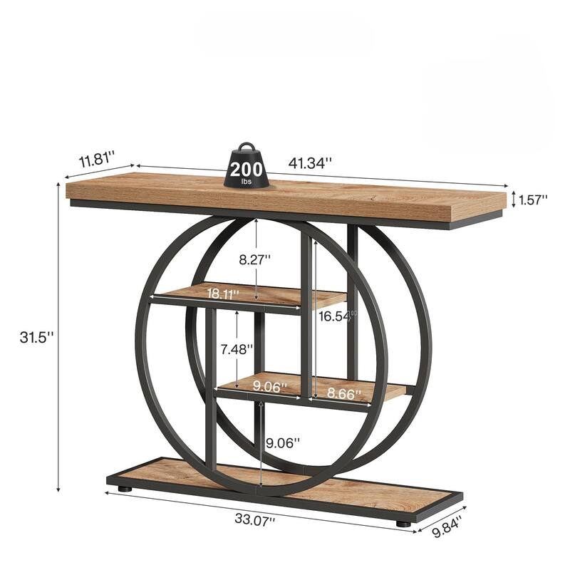 41.3" Industrial 4-Tier Console Table with Circle Base - Narrow Entryway Sofa Table with Storage Shelves