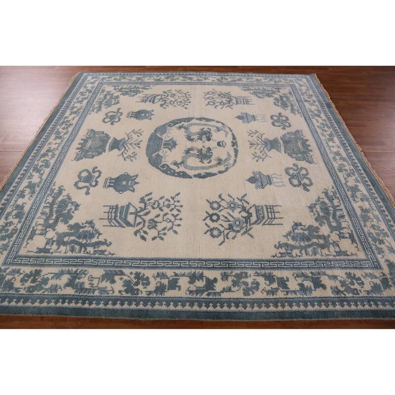Art Deco Indian Square Rug Hand-Knotted Wool Carpet - 8'1" x 7'11"