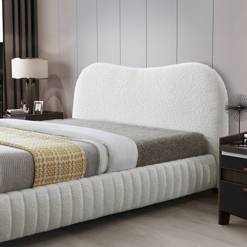 Monarch Mid-Century Queen Platform Bed in Cream Boucle