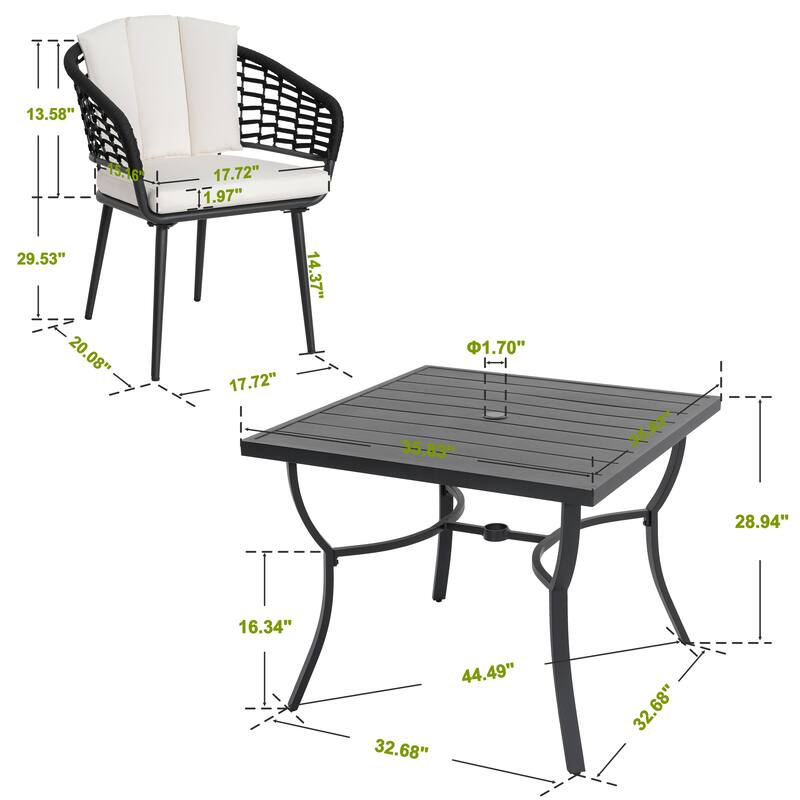Outdoor Rope and Aluminum Dining Set with Powder-Coated Frame, Beige Cushions