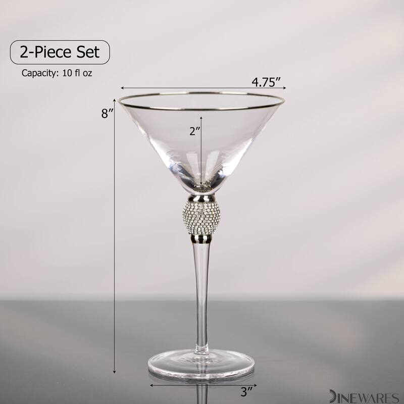 Premium Clear Stem Crystal Martini Glasses with Rim and Diamond-like Rhinestones, Elegant 10oz Glassware Set for Cosmopolitan