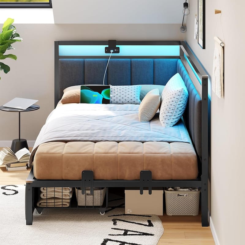 Daybed with 2 Drawers Platform Bed Frame LED Light Charging Station