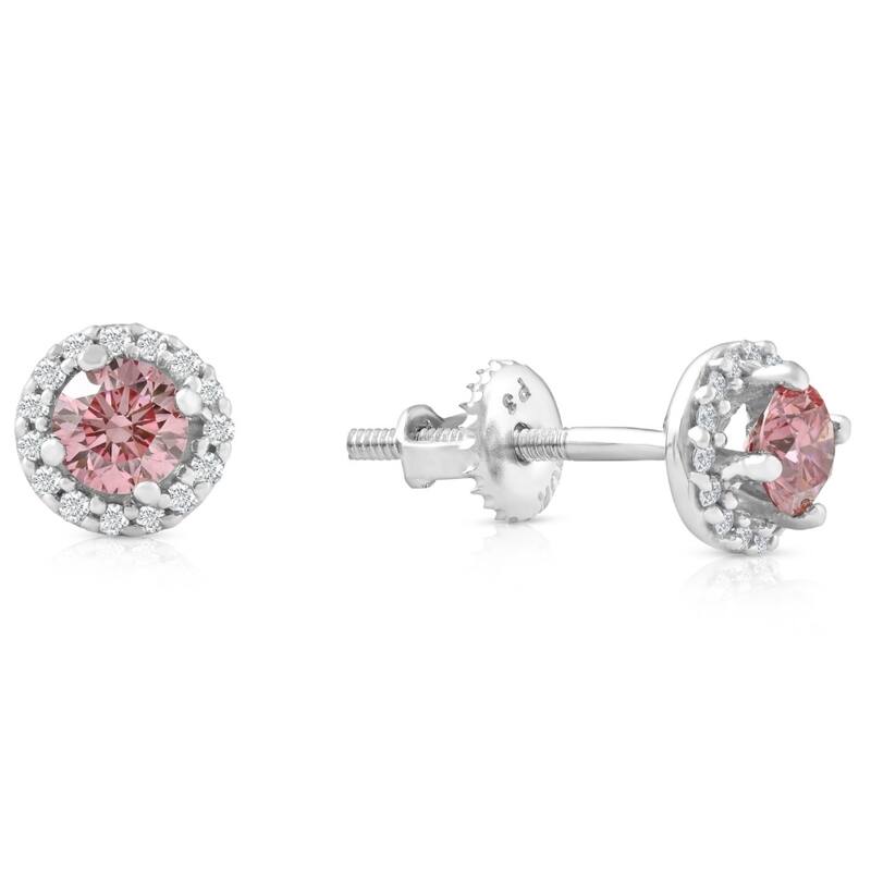 Bliss Diamond 1/2 Ct Halo Pink Diamond Lab Grown Diamond Studs White Gold Screw Back Earrings