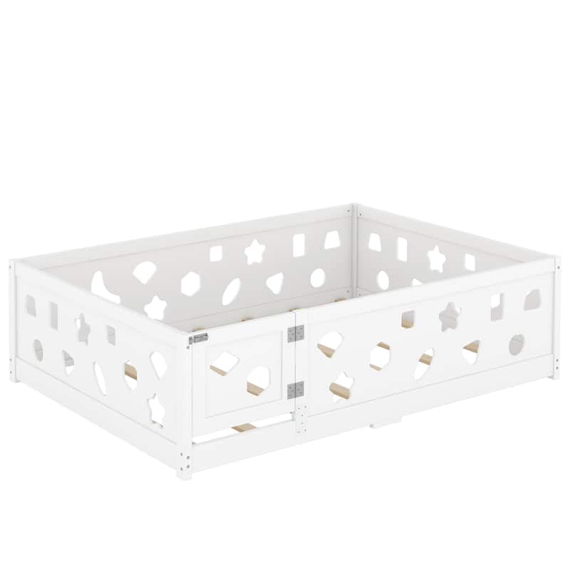 White Bed Frame Montessori Bed Twin Size Toddler Floor Bed with Guardrails and Door for Children Boys Girls Kids Playroom