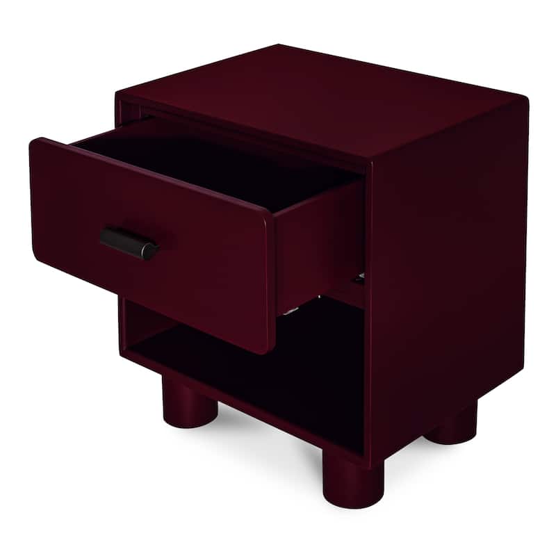 NADAAL STUDIOS Saryn Nightstand, 1-Drawer, Playful Legs with Open Shelf Rubberwood Frame, Deep Red