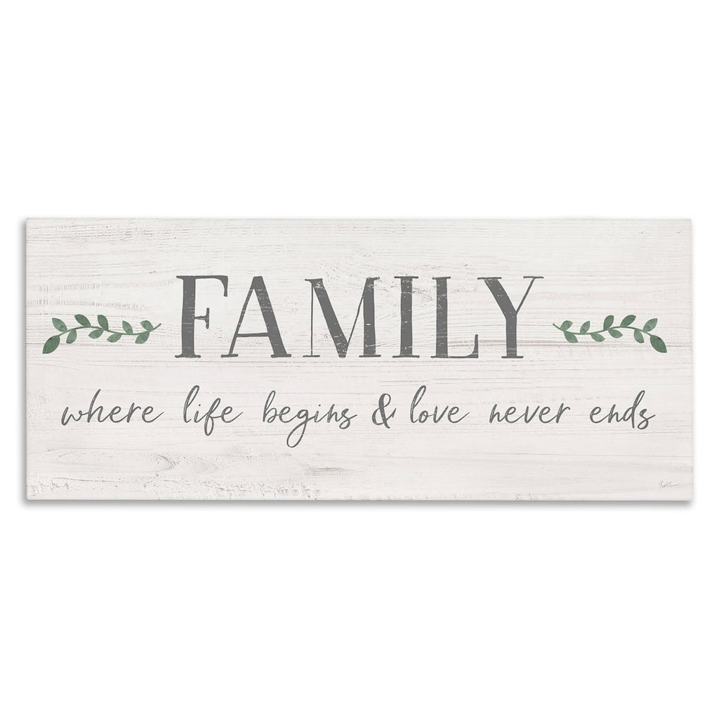 Stupell Family Life Begins Love Never Ends Motivational Phrase Canvas Wall Art - Grey