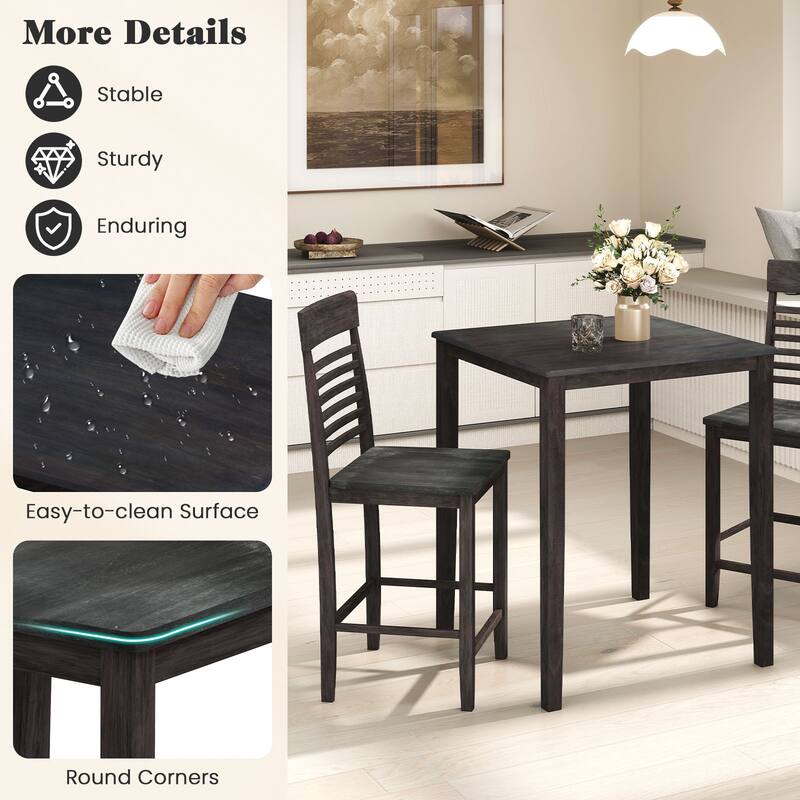 3-Piece Modern Grey Counter Height Dining Table and Chair Set with Footrests for Small Dining Rooms