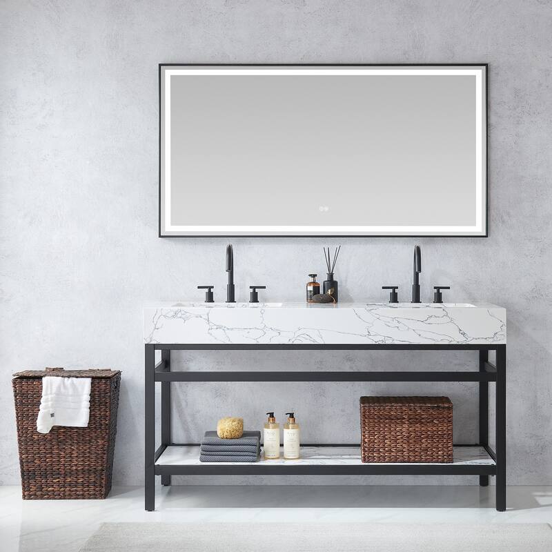 Ecija Bath Vanity, Metal Support with Composite Stone Top and Mirror