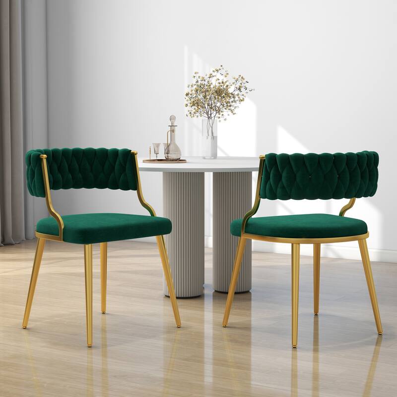 Set of 2 Velvet Dining Chair with Golden Metal Legs - Dark Green