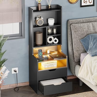 Nightstand with Bookshelf Tall Night Stand 2 Drawers