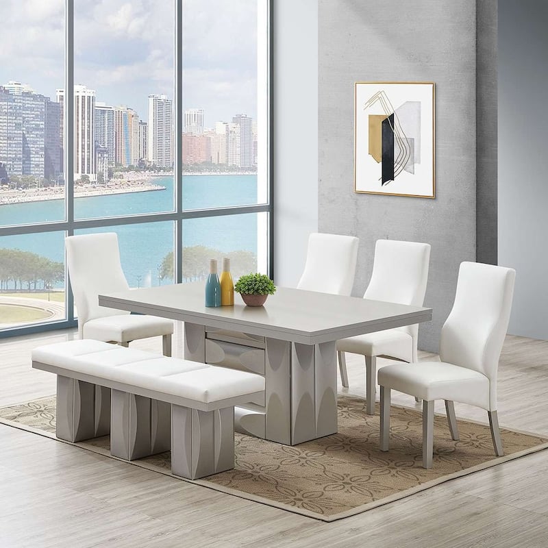 Kitchen Dining Room Vinyl Upholstered Bench, Champagne/White