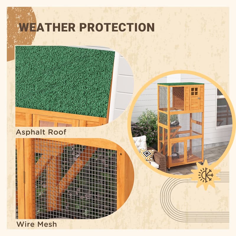 PawHut 74" Wooden Outdoor Cat House Catio Outdoor Cat Enclosure, Light Gray