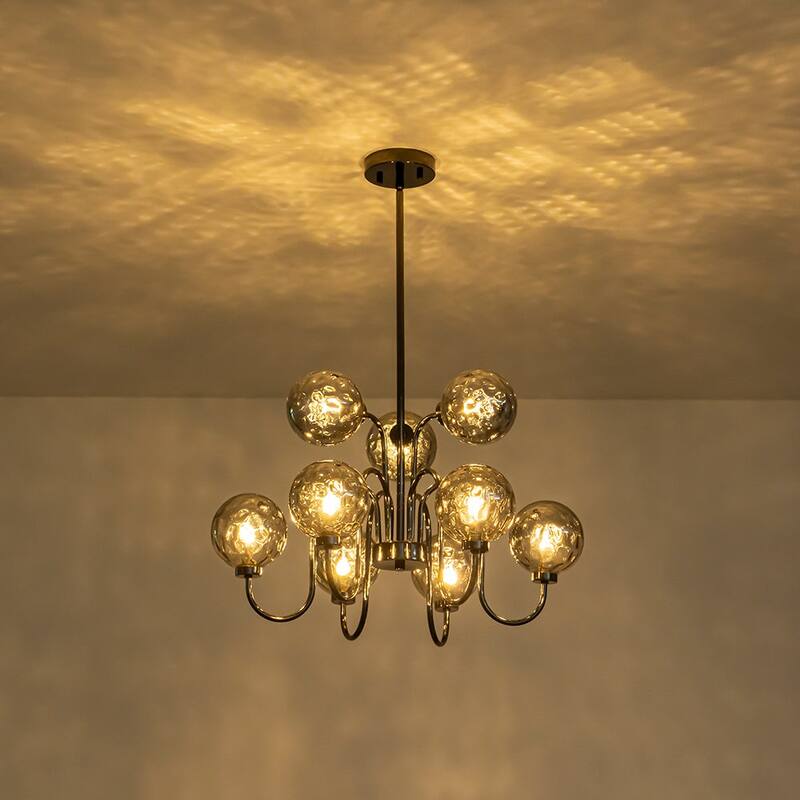 Art Deco 9-Light 2-Tier Smoked Water Glass Bubble Chandelier - 23.6in