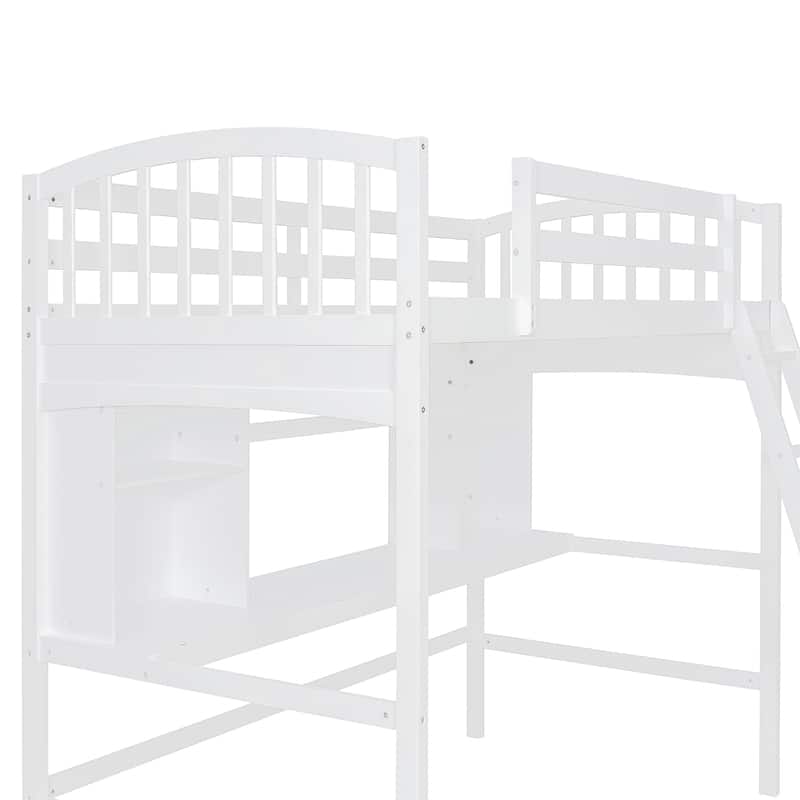 Twin size Loft Bed with Storage Shelves, Desk and Ladder, White