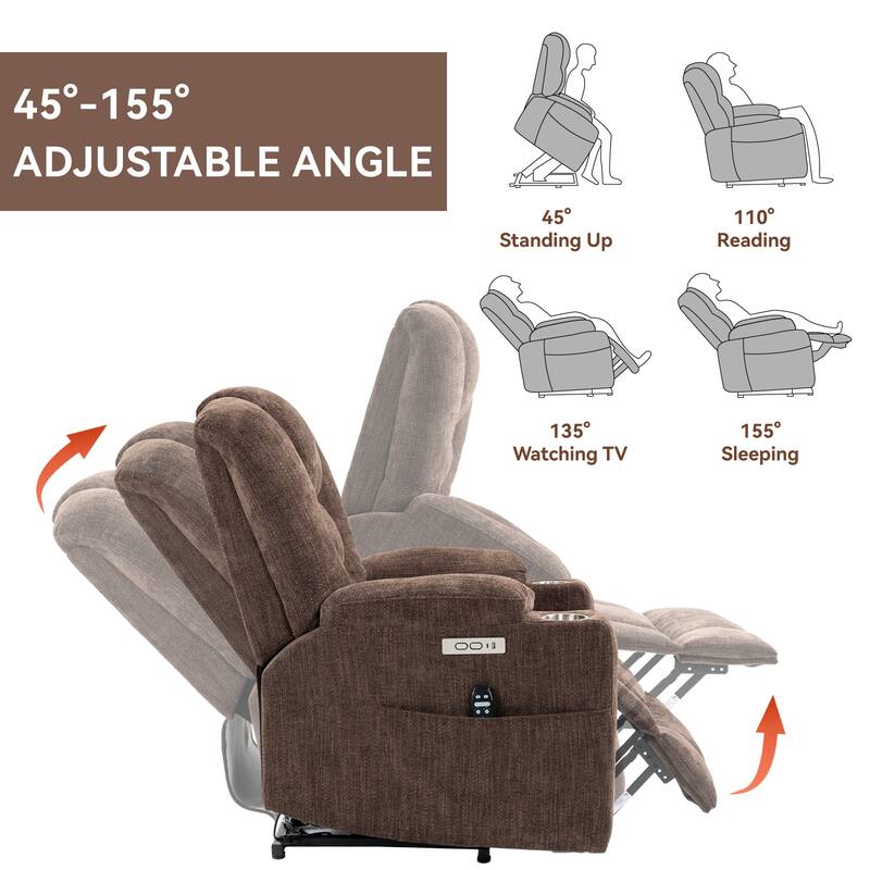 Grey Large Power Lift Recliner with Heat, USB & Cup Holders