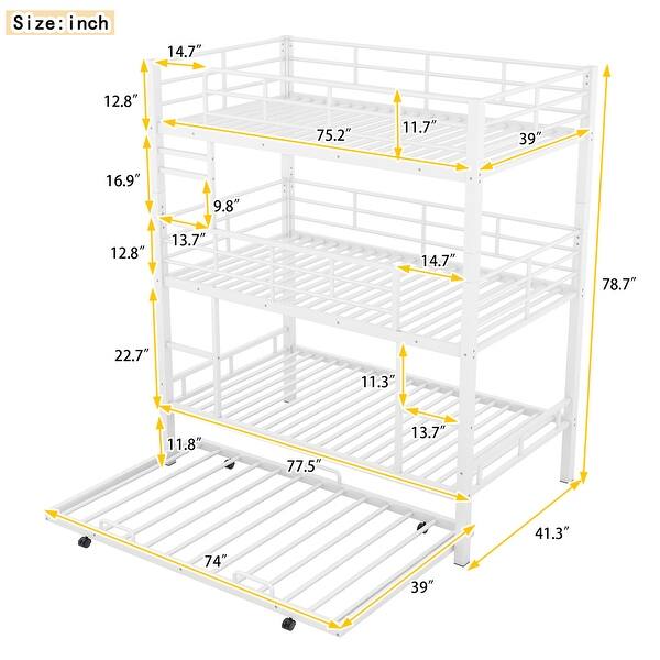 dimension image slide 1 of 2, Metal Twin Size Triple Bunk Bed with Trundle