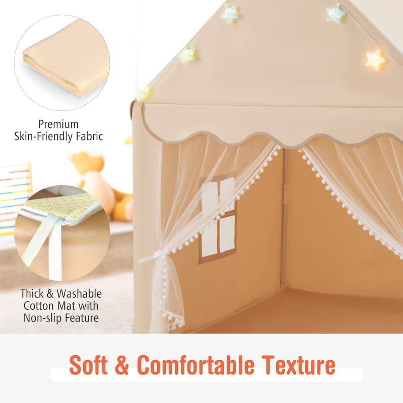Gymax Kids Playhouse Tent Large Castle Fairy Tent w/ Star Lights Mat