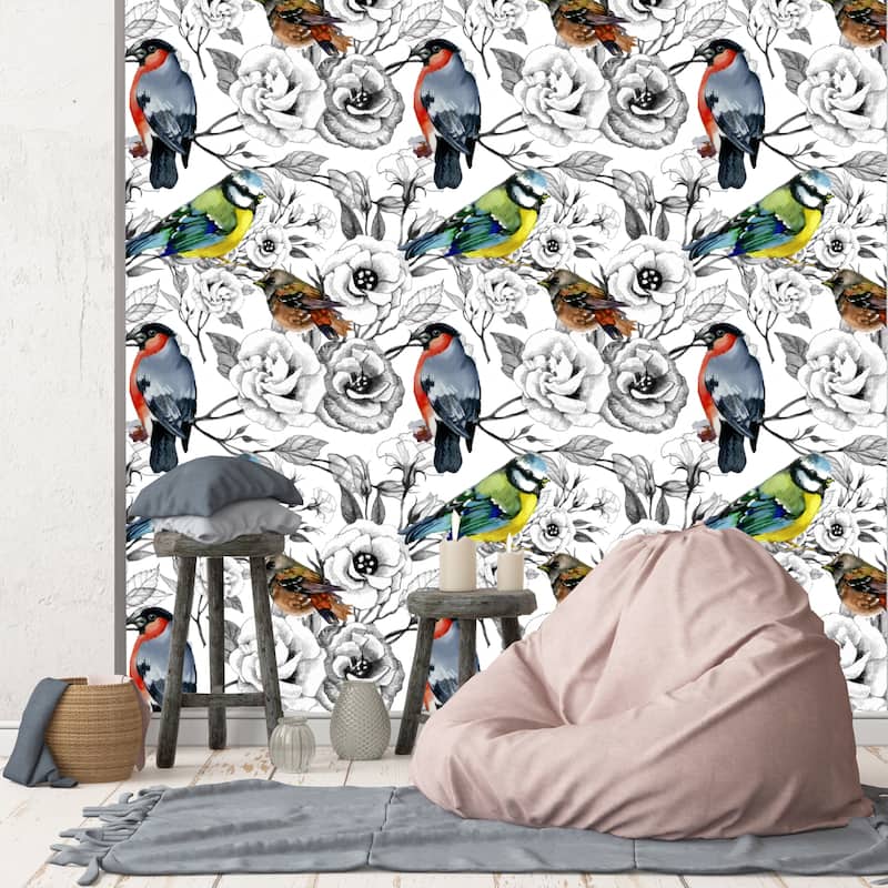 Floral Hummingbirds Vinyl-coated Removable Wallpaper - 24'' inch x 10'ft