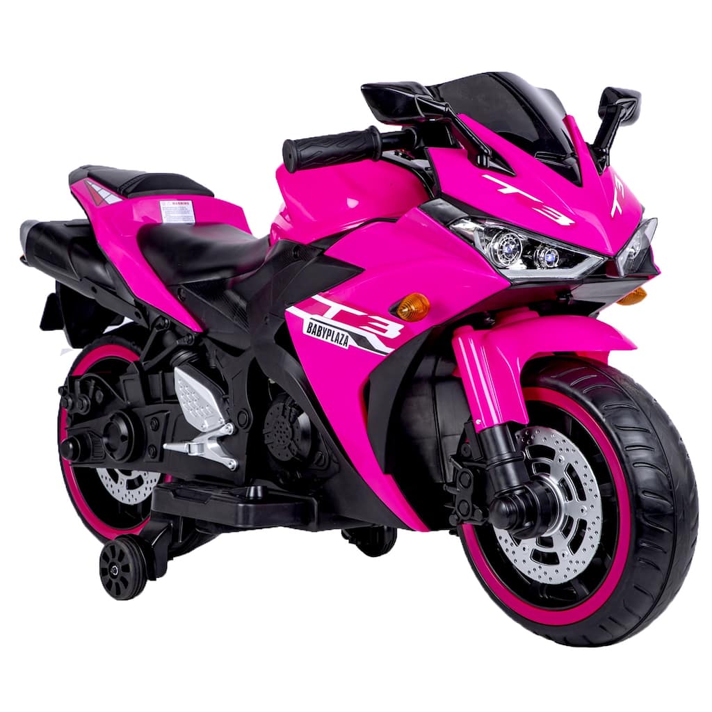 Electric Motorcycle with LED Display, Pink Children's Ride-On Motorcycle with Illuminated Tires, Child Carriage with Handle