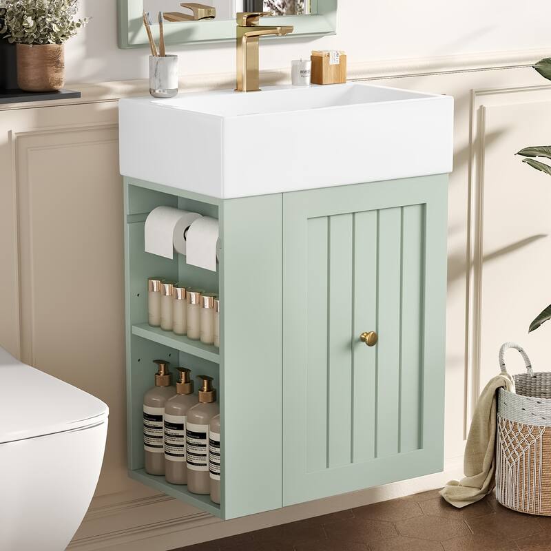 20" Bathroom Vanity with Ceramic Sink - Soft Close Door, Drawer & Side Shelf, Space-Saving MDF Cabinet for Small Bathrooms