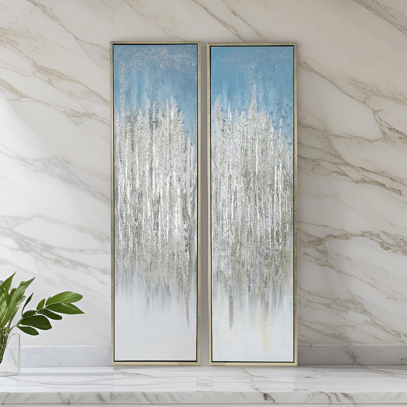 Dimy 20 x 71 Set of 2 Wall Art, Hand Painted Dahlia, Blue Silver Ombre