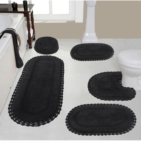 slide 2 of 60, Hampton Crochet Bathmat 100% Cotton Non-Slip Bathroom Rug Set, Machine Washable Bath Rug, 5 Piece Bath Mat Set with Contour Grey