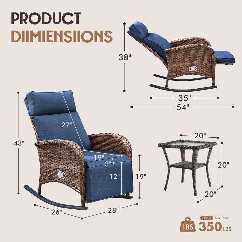 Meyreso 6-Piece Wicker Rocking Reclining Chaise Lounge with Adjustable Backrest & Footrest