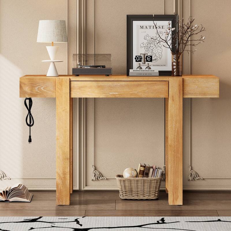 Modern 47.2" Wooden Console Table with Hidden Drawer and Side Power Outlet for Entryway or Living Room - Natural