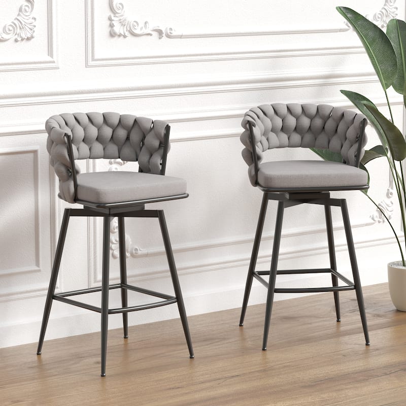 28 Inch Bar Stools Set of 2 Grey Linen Woven Black Legs Swivel Footrest