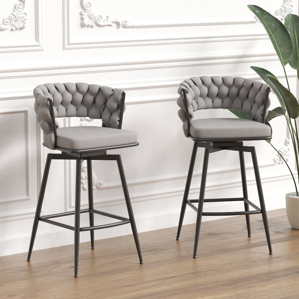 360 Swivel Linen Woven Bar Stool 2pcs Bar Stools with Back Footrest