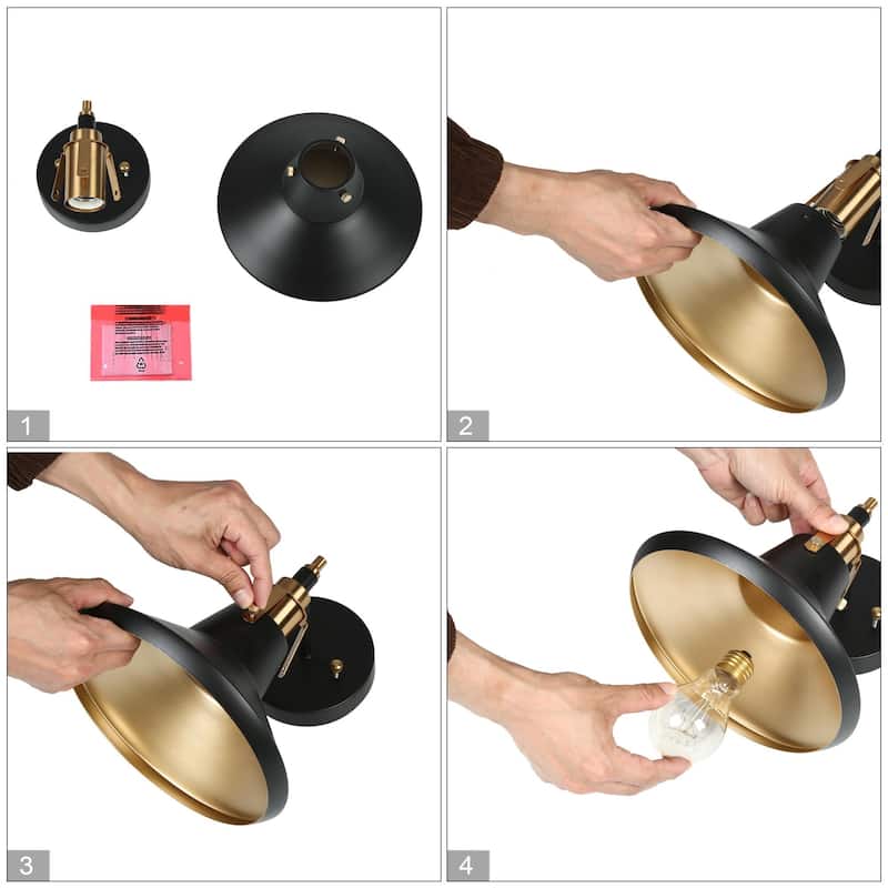 Modern 1-Light Black Gold Wall Sconce Industrial Metal Cone Shade Vanity Light Fixture for Bathroom - 8.5" L x 8.5" W x 9" H