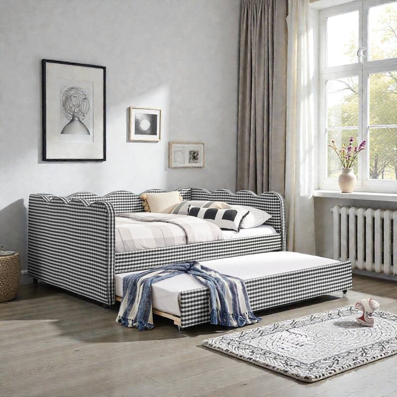 Full Size Gingham Daybed with Twin Trundle, Linen Sofa Bed with USB Port and Wave Shaped Design