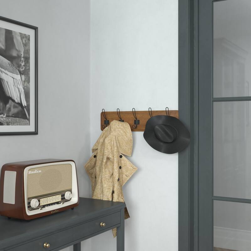 Wall Mounted Storage Rack with Upper Shelf and Storage Hooks - Brown