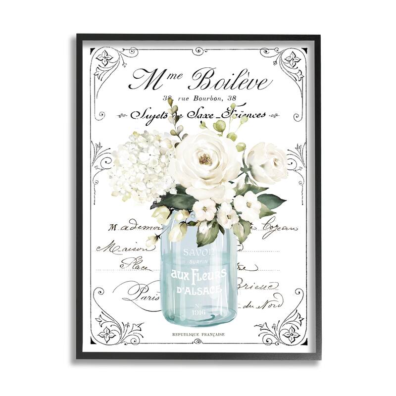 Stupell Vintage Parisian Floral Bouquet White Farmhouse Flowers Framed Wall Art - 16 x 20 - Black