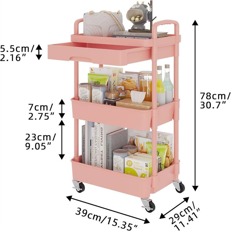 3-Tier Rolling Utility Cart with Drawer - 15.35"D x 30.7"W x 11.41"H