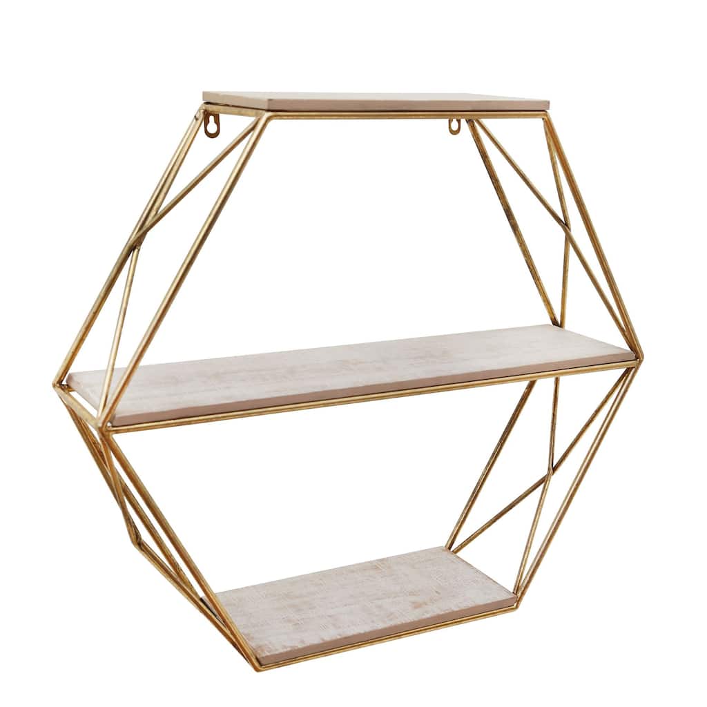 23.75" Gold and White Solid Glossy 3 Tier Hexagon Wall Shelf