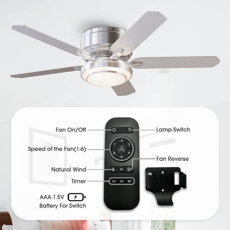 52" Modern Brushed Nickel 5-blade Flush Mount Ceiling Fan with Light and Remote