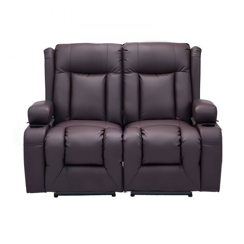 Brown PU Leather Electric Recliner Loveseat with Massage, Heat and USB Ports - 54.5 x 36.2 x 40.9 in