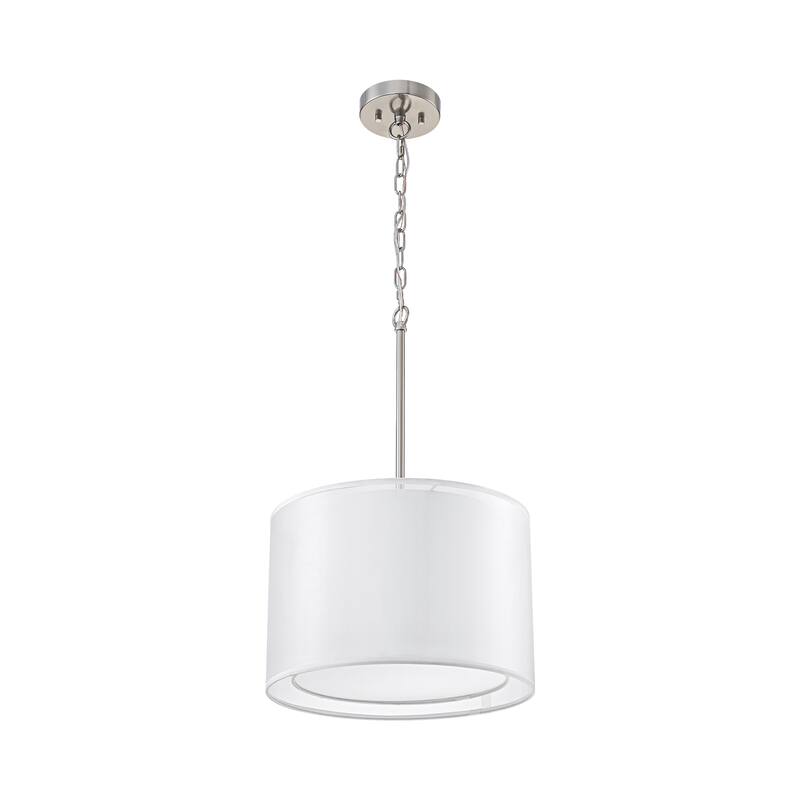 Modern 1-Light Double Fabric LED Pendant Light, 18W Warm 3000K, Satin Nickel/White for Dining Room - 1 Light