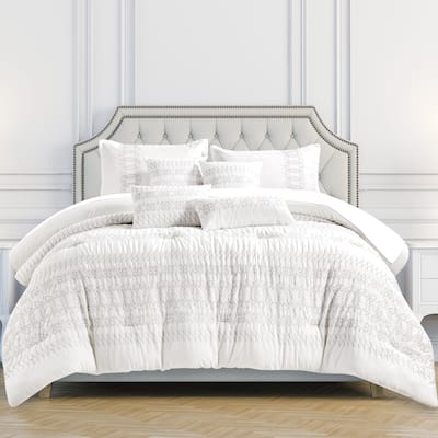 Wellco Bedding Comforter Set Bed In A Bag - 7 Piece Luxury Boho Bedding Sets - Oversized Bedroom Comforters, White