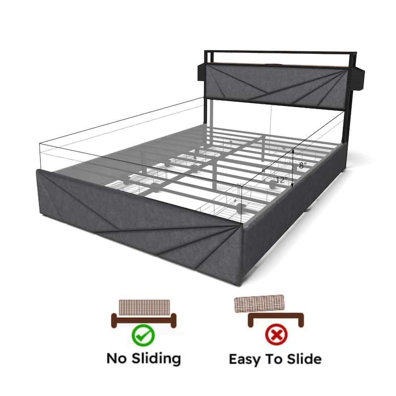 Queen Size Platform Bed with LED Lights, Charging Station & 4 Drawers