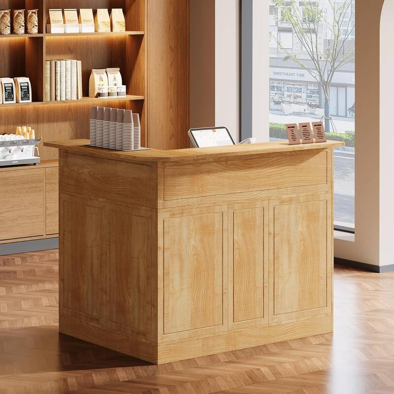 Reception Desk with Storage Shelves, L-Shaped Modern Front Desk