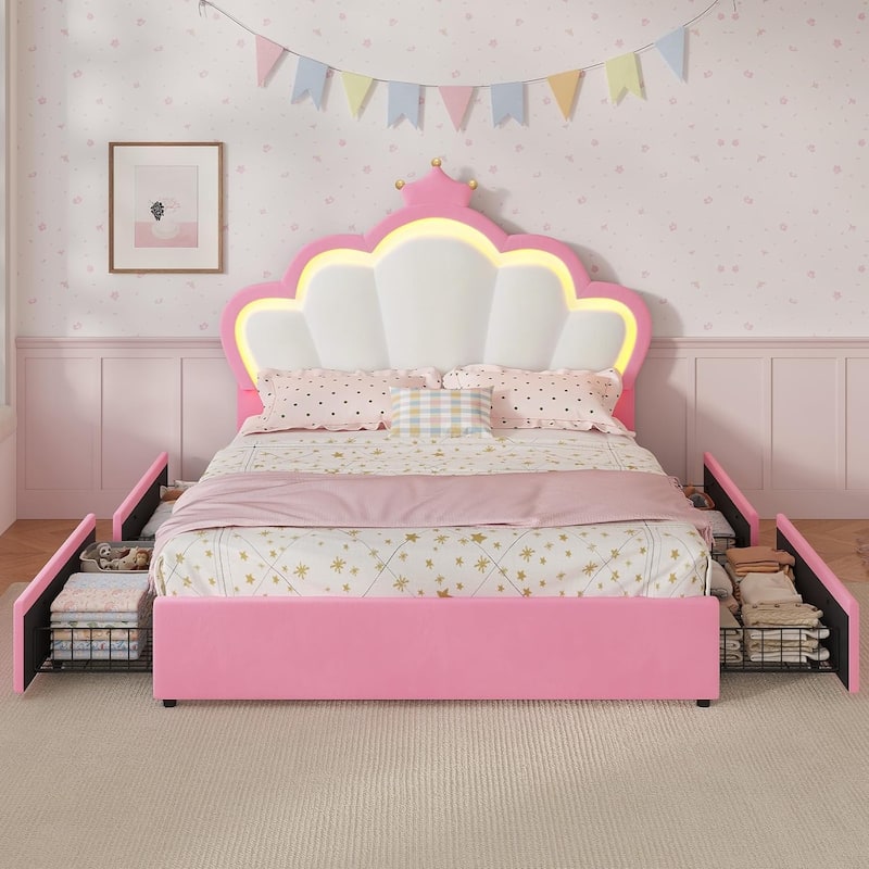 Bed Frame LED Lights Girls Bed Princess Crown Velvet Upholstered Platform Bed - Beige & Pink-4 Drawers - Full