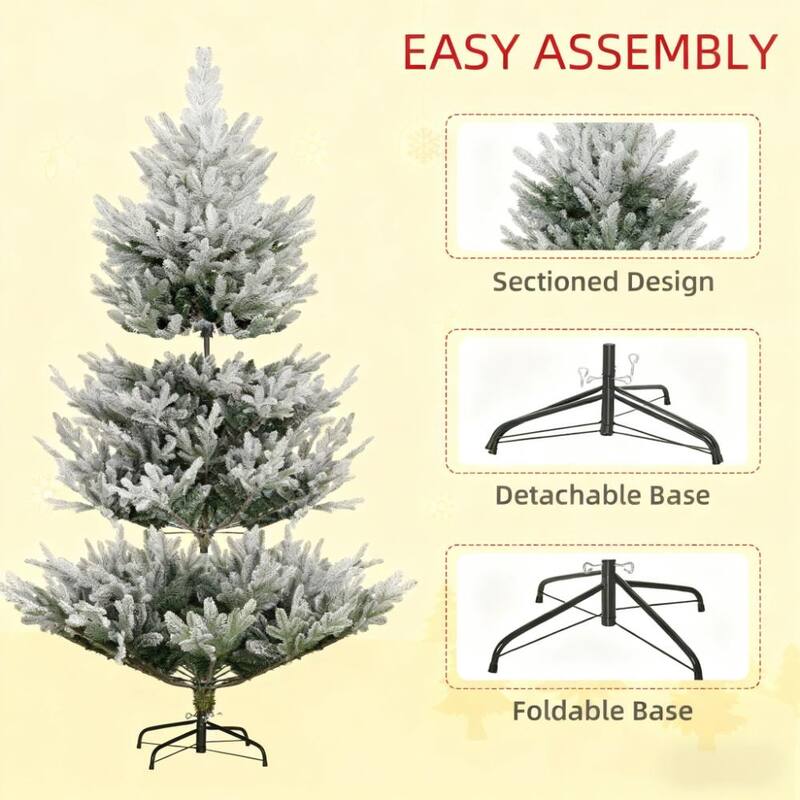 Flocked Hinged Artificial Christmas Tree - Steel Base, Festive Decor - Green