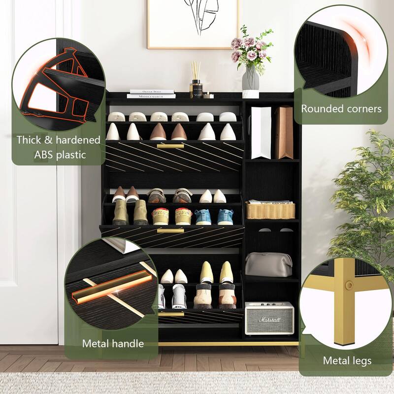 Modern Slim Shoe Cabinet with 3 Flip Drawers & Open Shelves