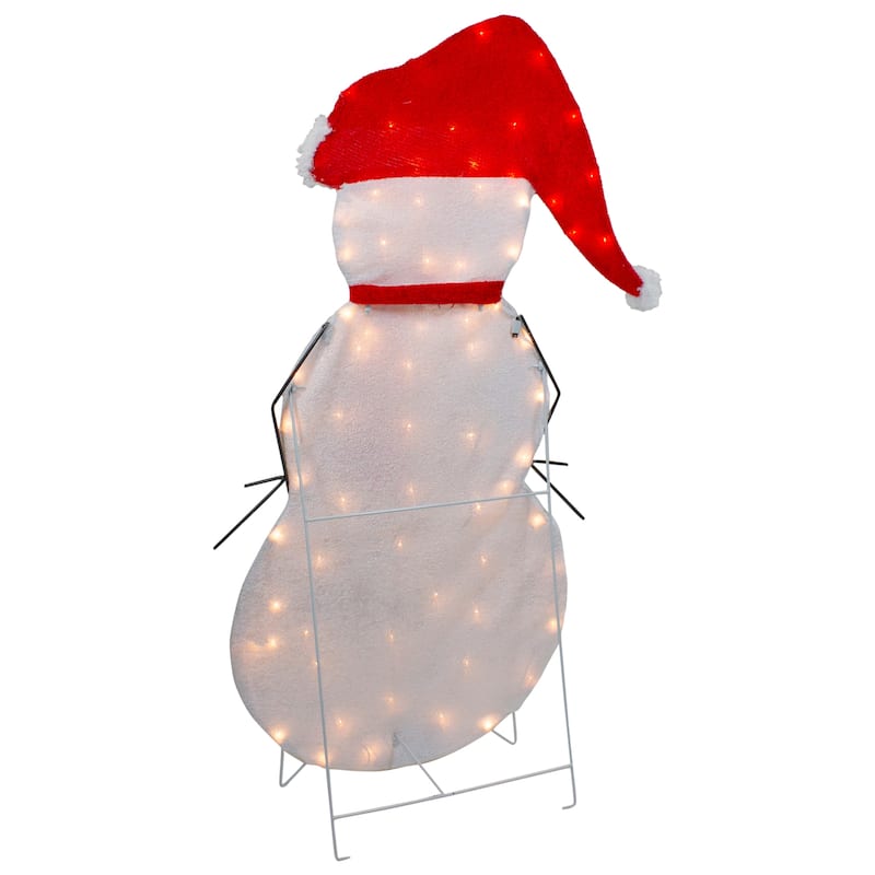 42" Lighted 2D Chenille Snowman in Santa Hat Outdoor Christmas Decoration