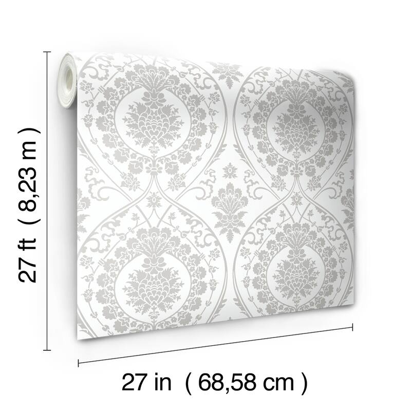 Fargo White/Silver Non-Woven Unpasted Damask Imperial Damask Wallpaper Covers about 60.75 sq. ft.