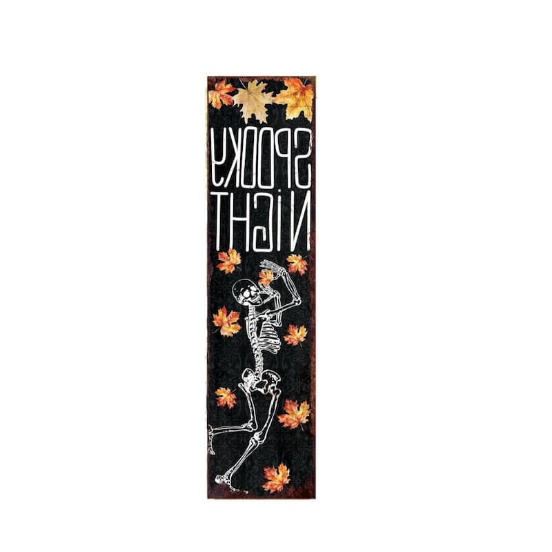 HomeRoots 36" Black Orange And White Solid Wood Spooky Halloween Skeleton Porch Sign