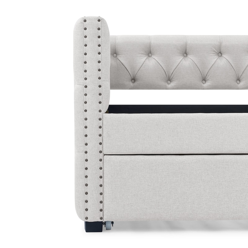 Beige Twin Size Upholstered Tufted Daybed with Button and Copper Nail on Square Arms for Bedroom